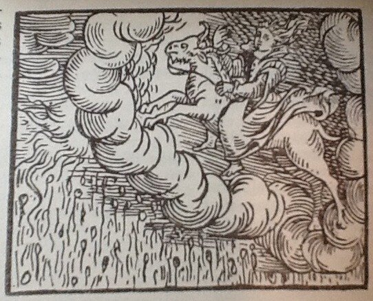 Woodcut of a woman riding a goat from Guazzo's Compendium Maleficarum (1608)