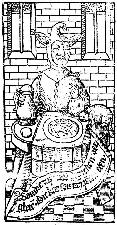 A jester dining on rats from an early English printed bestiary (oddly with Dutch text). #WoodcutWednesday #earlymodern