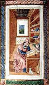 Petrarch working in study with dog (possibly Zabot)