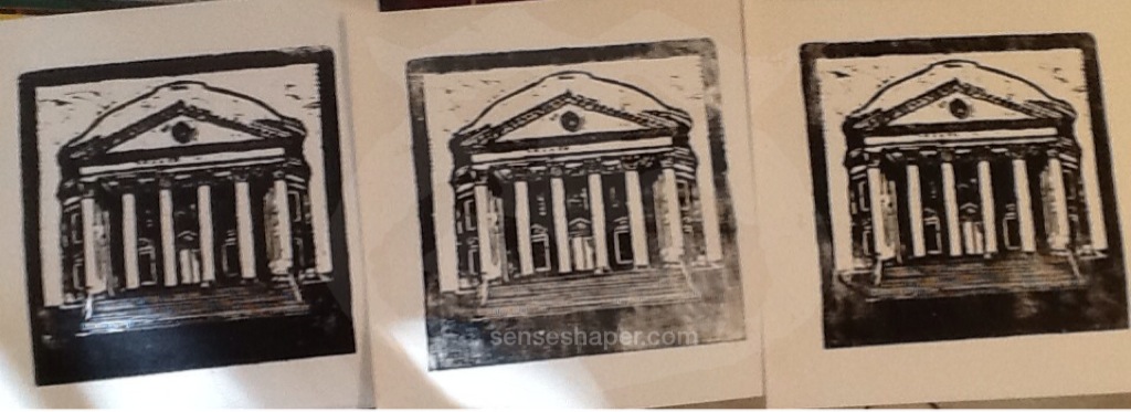 Woodcut prints of "The University of Virginia's (UVA) Rotunda" from whiteboard woodblock. The print was too large to get a high quality scan, so, for now, you will have to make due with this shot showing the print variations.