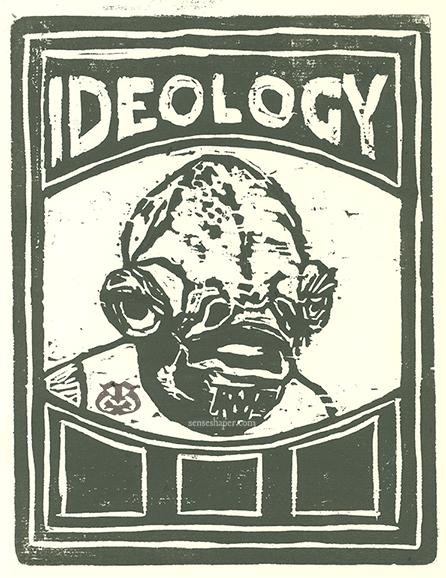 Woodcut print, "Ideology: It's A Trap," from whiteboard woodblock.