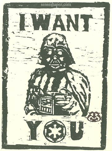 Woodcut Print, "I Want You," with Darth Vader as Uncle Sam. Classic propaganda.
