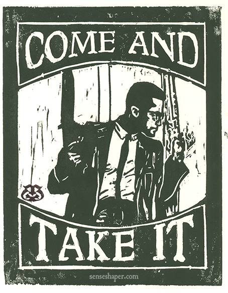 Woodcut print, "Malcolm X: Come and Take It," from choice pine woodblock and in oil on 100% cotton paper.