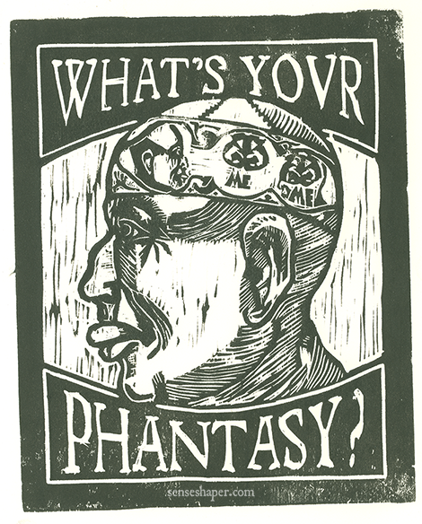 Woodcut print, "Self-Portrait I: What's Your Phantasy," from poplar woodblock. Based on the ventricle man of Albertus Magnus and a partial copy of the ventricle man from The Noble Lyfe and Natures of Man.
