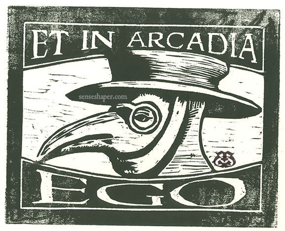 Woodcut print, "Plague Doctor Mask: Et in Arcadia Ego," from choice pine woodblock, and printed in oil ink on 100% cotton paper.