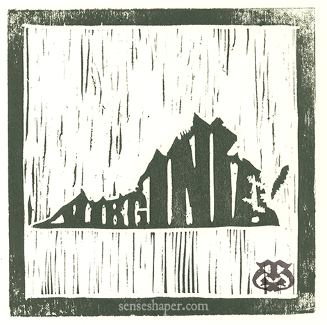 Woodcut print, "State Outlines: Virginia," from poplar woodblock.