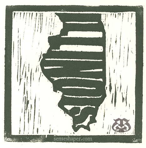 Woodcut print, "State Outlines: Illinois," from poplar woodblock.