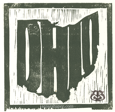 Woodcut print, "State Outlines: Ohio," from poplar woodblock.