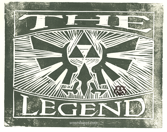 Woodcut print, "The Legend of Zelda," from choice pine woodblock, and printed on Antique Laid paper.