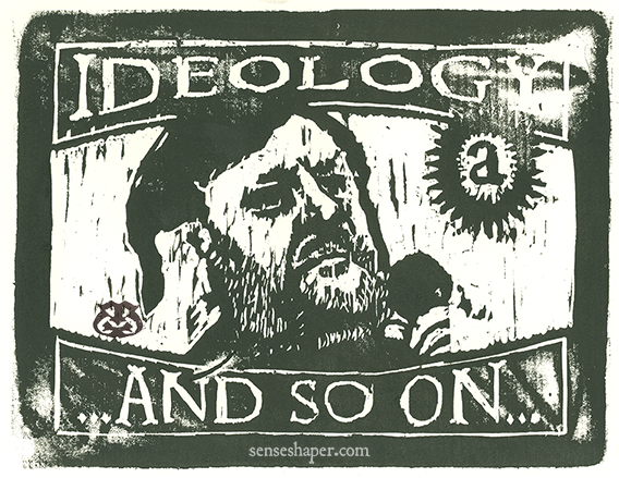 Woodcut print, "Zizek: Ideology and So On," from whiteboard woodblock and printed in oil on 100% cotton paper.