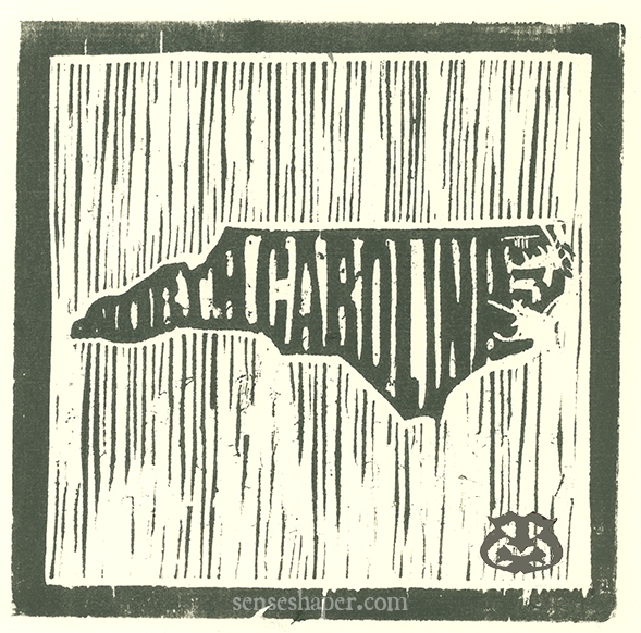 Woodcut print, "State Outlines: North Carolina," from poplar woodblock on Antique Hand Laid paper.