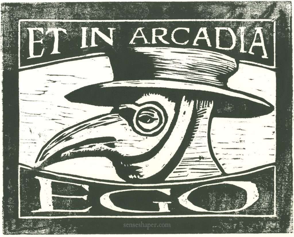 "Et in Arcadia Ego" a Senseshaper woodcut of a plague doctor