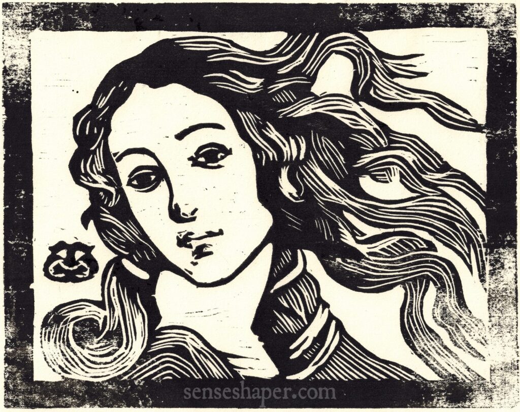 "Kalodaemon" a Senseshaper woodcut copy of detail of Sandro Botticelli's The Birth of Venus