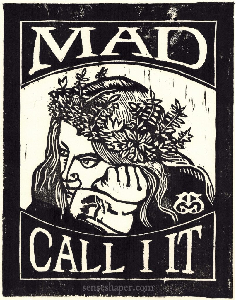 "Mad Call I It" a Senseshaper woodcut from a detail of Albrecht Dürer's Melencolia I (Melancholia I)