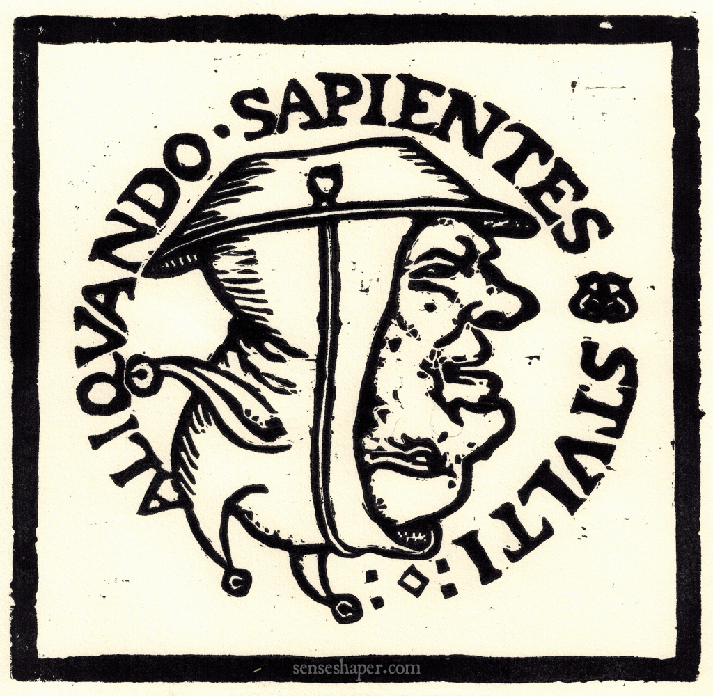 Aliquando Sapientes Stulti, "Sometimes the wise are Fools/ Fools are Sometimes Wise" woodcut copy of Batman's The doome warning all men to the judgemente (1581). You can purchase a print here, or find it on a shirt here.