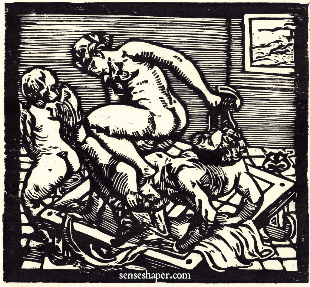 Woodcut of Pietro Aretino's I Modi Posture 14 after Giulio Romano and Marcantonio Raimondi by senseshaper. You can purchase a print here, or find it on a shirt here.