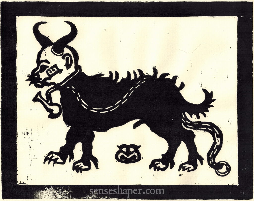 This devil dog woodcut is after one found in John Phillips' 1566 witchcraft narrative The Examination and confession of certaine wytches at Chensforde. You can purchase a print here, or find it on a shirt here.