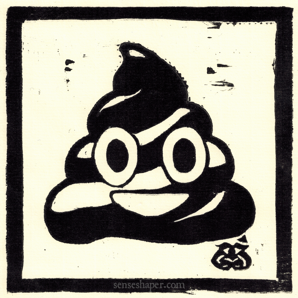 A smiling poo emoji woodcut by senseshaper.